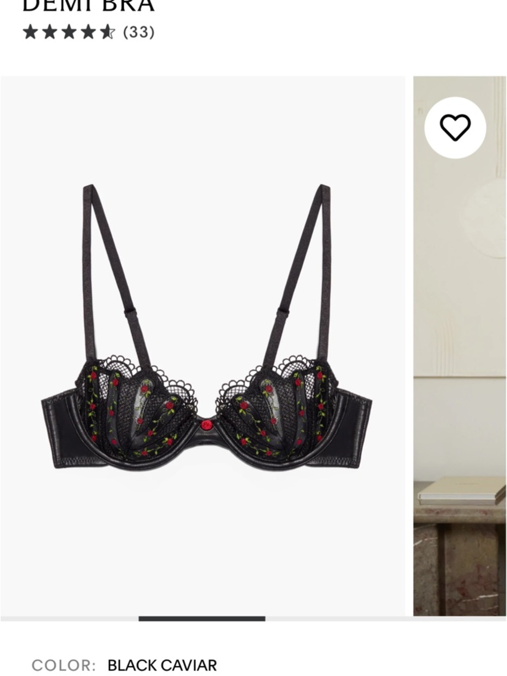 Savage X Fenty Black Caviar Lace Demi Bra with Red & Green Floral Embroidery